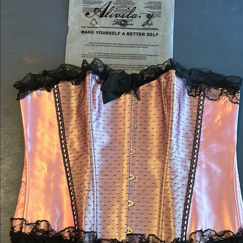 Pink and Black Shapewear Corset with Lace Trim